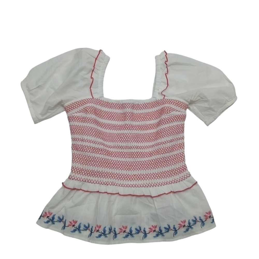 Draper James Smocked Peplum Top Puff Sleeve Embroidered Cottagecore XS - Picture 2 of 8